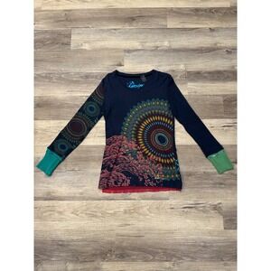 Desigual Long Sleeve V Neck Mandala Print Tunic Top Women L Green velvet Trim